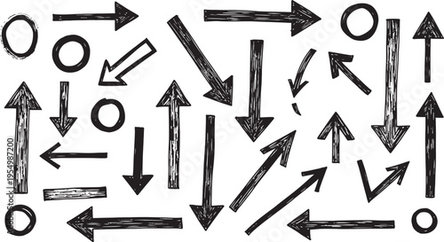 A collection of black arrows and circles on a white background