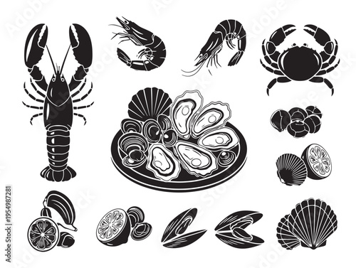 A collection of various seafood items