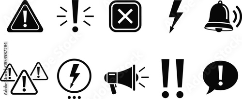 Warning alert icons set exclamation mark danger sign notification alarm bell error symbol caution message vector illustration isolated design collection