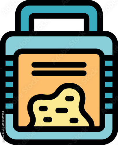 Colorful icon of cat food packaging featuring a handle, nutrition label, and image of kibble