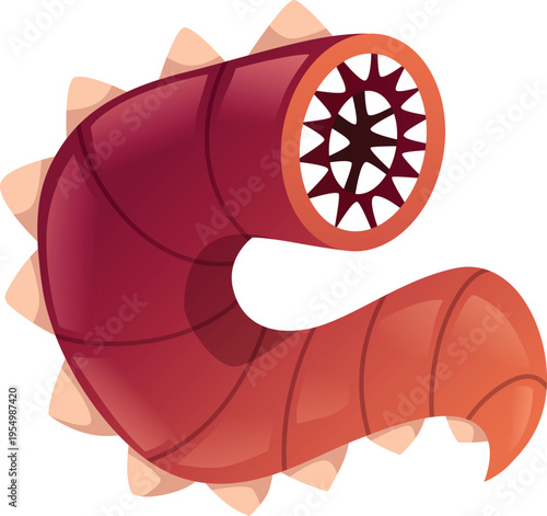 A red cartoon worm monster with sharp teeth and spines on its back.