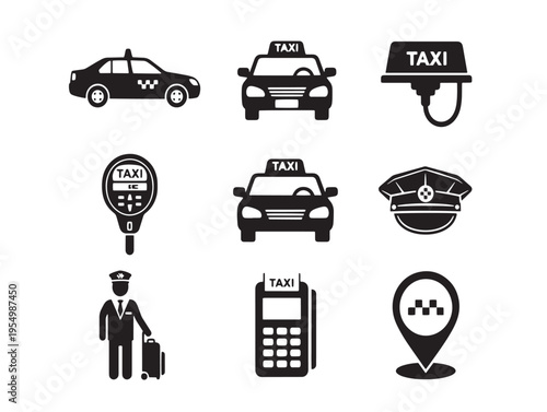Black and white icons of various transportation methods and related objects