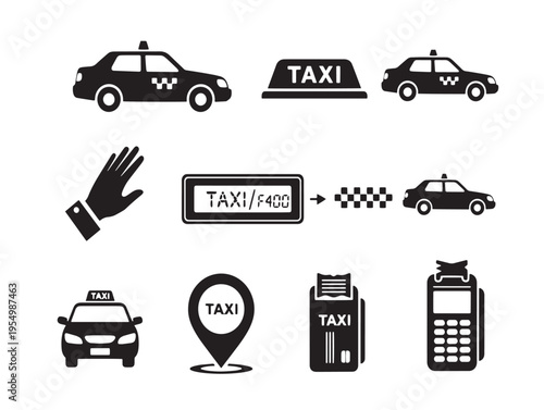 Black and white taxi icons on transparent background