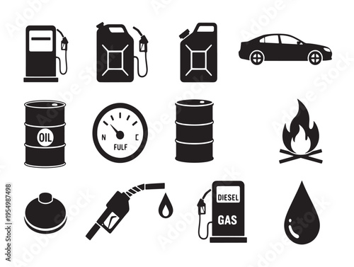 A collection of black icons related to gasoline and vehicles