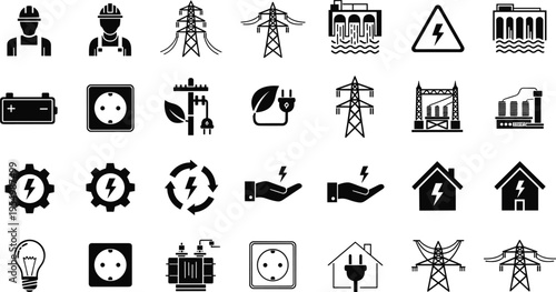 electric power infrastructure icons vector set, energy industry illustration, transmission lines plants sockets renewable symbols, electricity generation distribution technology collection
