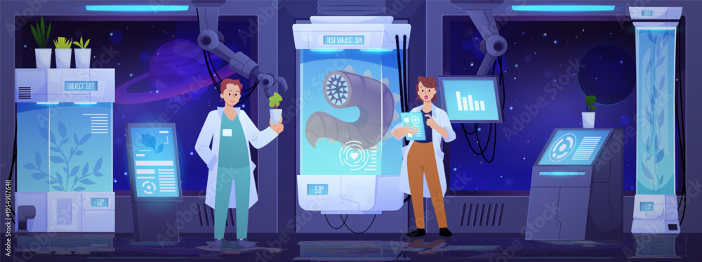 Obraz premium Fantastic laboratory interior with scientists, monster plants and insects in tanks, vector flat scientific experiment