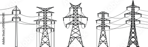 Electric transmission tower silhouettes set, high voltage pylons, power line infrastructure design, energy distribution engineering structures, flat vector illustration
