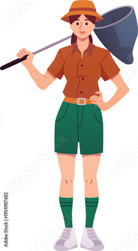 Woman entomologist holding butterfly net with handle, vector cartoon entomology equipment net scoop for catching insects