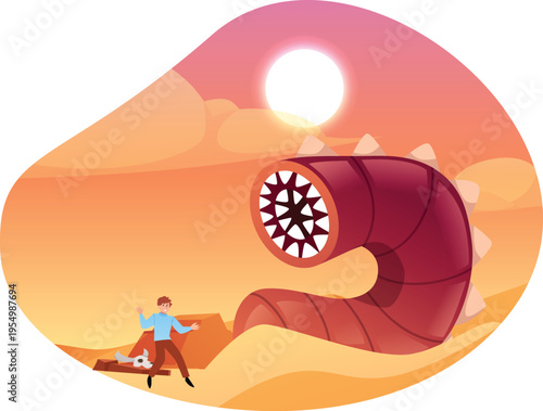 Insect monster scares a man on desert landscape, vector cartoon scary fantasy huge worm with head made of fangs attacks