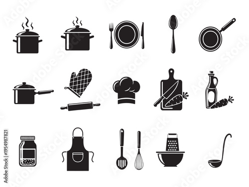 A collection of kitchen utensils and appliances