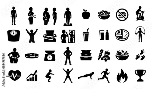 Weight Loss, Fitness and Nutrition Silhouette Icons Set – Body Transformation, Diet Tracking, Workout and Health Symbols