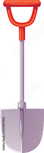 A metal garden shovel with a red handle, a working tool.