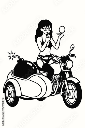 Minimalist line art of bikini woman on motorcycle with sidecar explosive