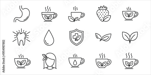 Collection of line icons featuring food drinks and plant elements