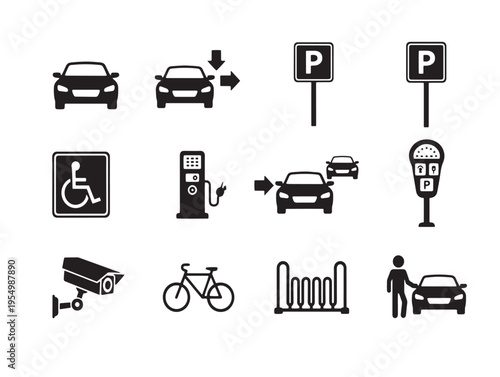 A collection of transportation and parking related icons