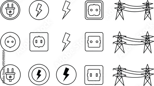 Electricity symbol vector illustration collection, power icons, plug design, lightning artwork, socket silhouette, transmission tower motif, energy concept, flat vector illustration