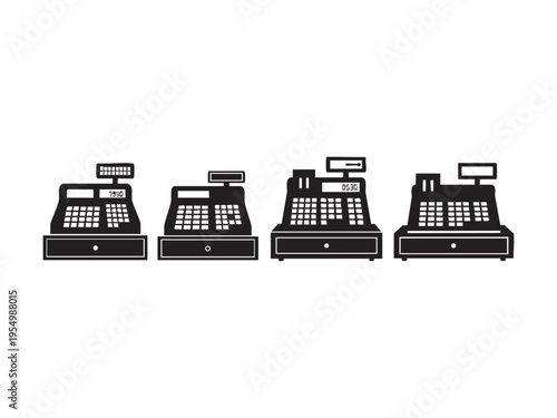 Cash registers set isolated vector icons, retro and modern models for retail shop sales