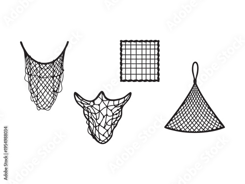 Collection of assorted fishing nets and mesh bags on white background