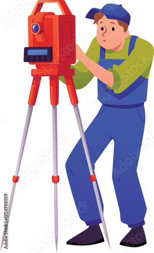 Surveyor civil engineer use theodolite on tripod, equipment surveying camera, vector flat engineer makes measurements