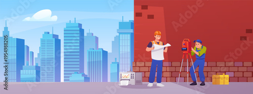 Surveyors civil engineers using plan map and measuring equipment level theodolite on tripod in city street flat vector