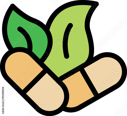 Two capsules and green leaves represent natural medicine and herbal remedies