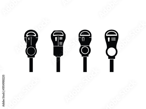 Four parking meter icons on white background, urban street payment concept
