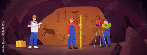 Surveyors civil engineers using measuring equipment, map, theodolite and leveling rod in the ancient cave flat vector