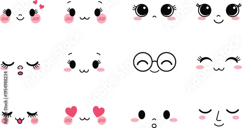 emoji, faces, kawaii, cute, expressions, cartoon, smile, happy, love, blush, wink, glasses, kiss, character, set, icons, emotion, adorable, vector, illustration