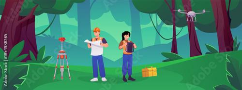 Surveyors using geodetic equipment, map, theodolite on tripod in the forest, vector flat geodesists measurements, drone