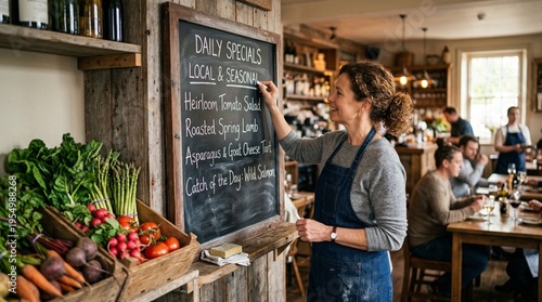 Woman writing daily specials local and seasonal menu on chalkboard in rustic restaurant interior