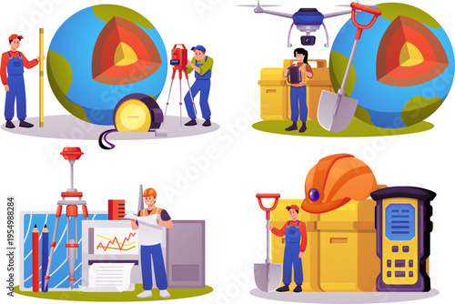 A set of surveyors with equipment, planet Earth, a shovel, a hard hat, and a total station.