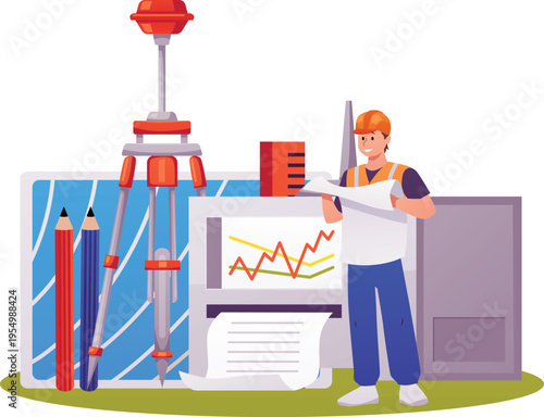 Theodolite or tacheometer on tripod, seismograph, surveyor with map geodetic measuring equipment vector flat composition