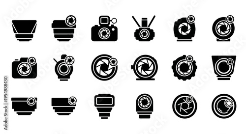 Collection of black camera and gear icons.