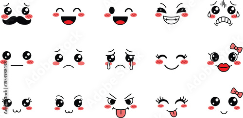 emoji, faces, kawaii, cute, expressions, cartoon, smile, happy, sad, angry, cry, blush, tongue, mustache, bow, character, set, icons, vector, illustration
