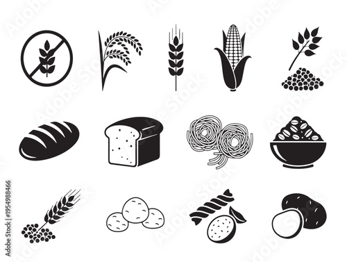 A collection of black and white food icons