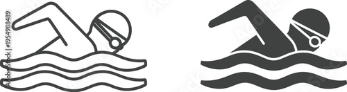 Swimmer silhouette in freestyle stroke moves through stylized water waves shown in dual outline and solid glyph styles.
