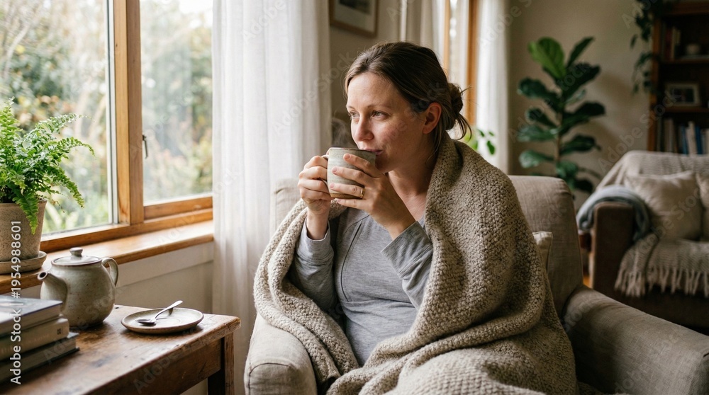 Fototapeta premium Woman wrapped in beige blanket sipping hot drink cozy at home by window