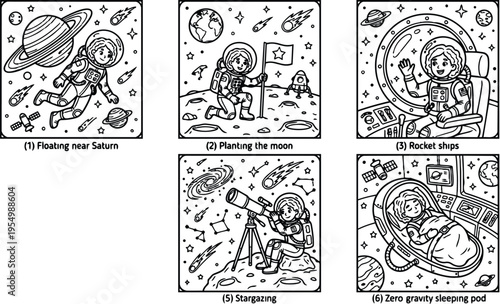 Black and white vector art of young astronaut floating near saturn planting flag on moon stargazing through telescope exploring alien plants and sleeping in zero gravity pod