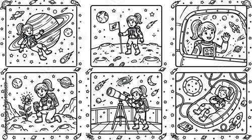 Black and white line art space exploration girl astronaut floating walking planting observing telescope sleeping in spaceship with stars planets and rockets in outer space