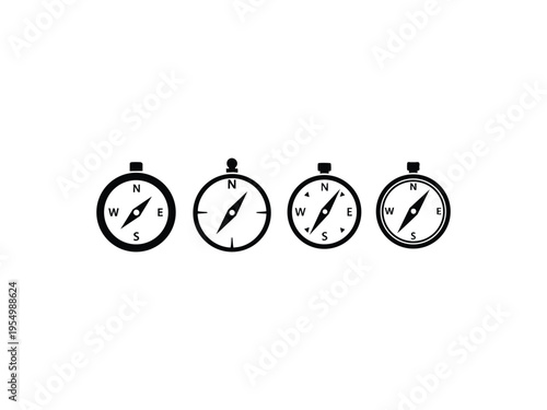 Set of four black compass icons showing north south east west directions on white background