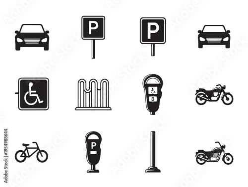 Black and white icons of various transportation and parking symbols