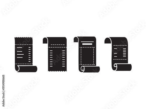 Set of four rolled paper receipt icons, invoices and documents isolated