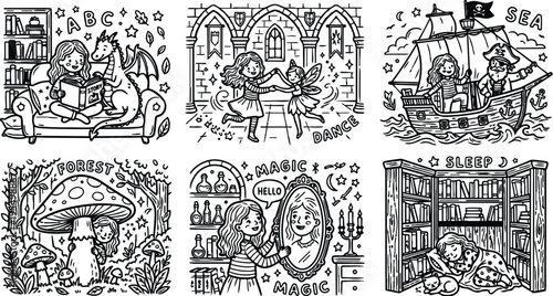 Black and white line art vector of girl reading storybook with dragon dancing fairy in castle pirate ship adventure forest mushroom magic mirror girl sleeping with cat