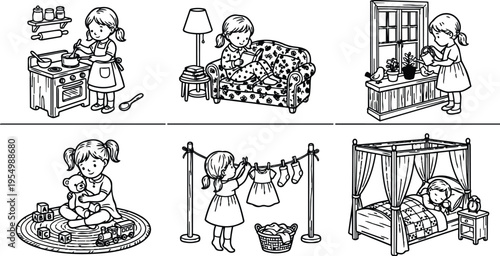 Black and white line art vector set of young girl cooking reading watering plants playing with toys hanging laundry and sleeping in bed with canopy detailed illustrations