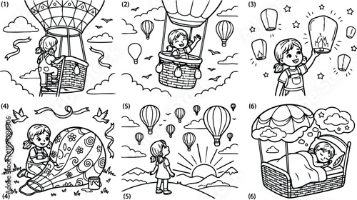 Line art vector illustrations of happy girl with hot air balloon climbing waving releasing lantern painting balloon admiring sunrise and sleeping dream under umbrella shaped balloon basket