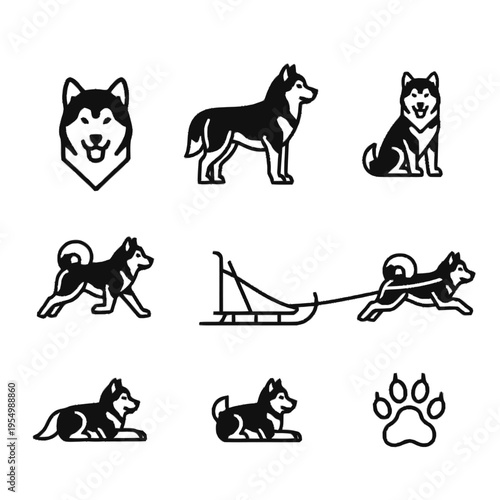 Collection of black and white vector icons featuring Siberian Husky dogs in various poses including standing, sitting, running, pulling a sled, lying down, head portrait, and paw print.