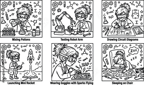 Black and white line art vector set of young female scientist performing chemistry experiments testing robot arm drawing circuit diagrams launching mini rocket and sleeping on chair