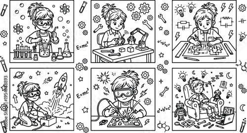 Black and white vector art showing smiling girl performing various science and technology experiments with chemistry robotics electronics and sleeping with robots in a playful educational style