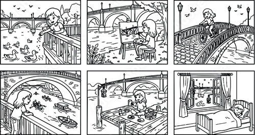 Detailed black and white line art showing children feeding ducks painting by river girl cycling on bridge picnicking on pier and sleeping by riverside window in calm outdoor nature scenes