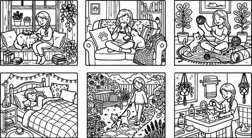 Black and white line art illustrations of girl interacting with cat in various home and garden settings including petting bathing feeding and playing with yarn balls in cozy detailed scenes